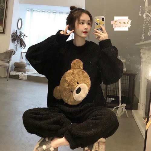 Bộ Đồ Ngủ Nữ Lông Thêu Hình Mặt Gấu Dài Tay Có 2 Màu Đen Trắng Mã 610 - Lani Boutique | BigBuy360 - bigbuy360.vn