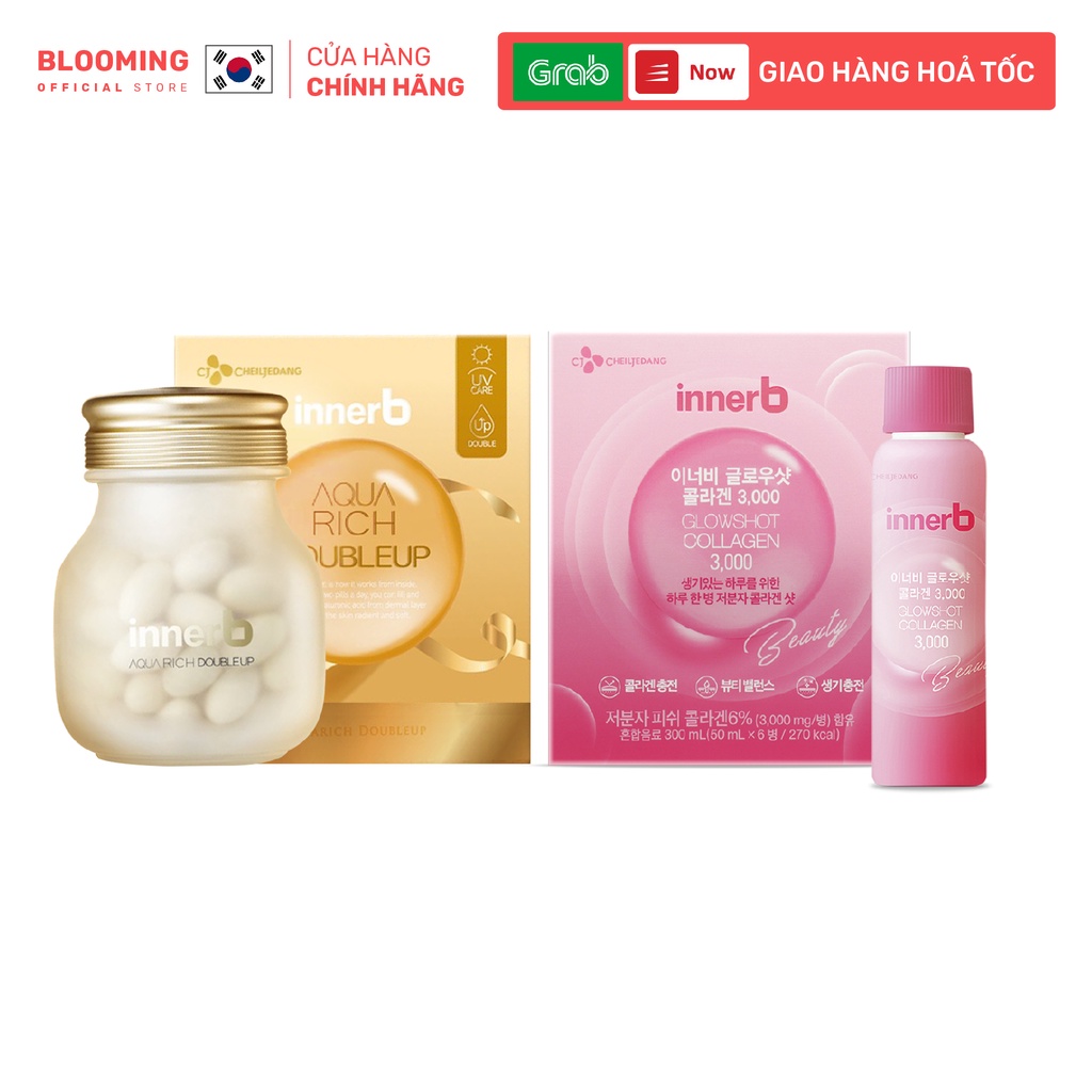 Combo hộp nước uống Collagen InnerB Glowshot (50mlx6) &amp; Thực phẩm bảo vệ sức khỏe INNERB AQUA RICH DOUBLEUP lọ 70 viên