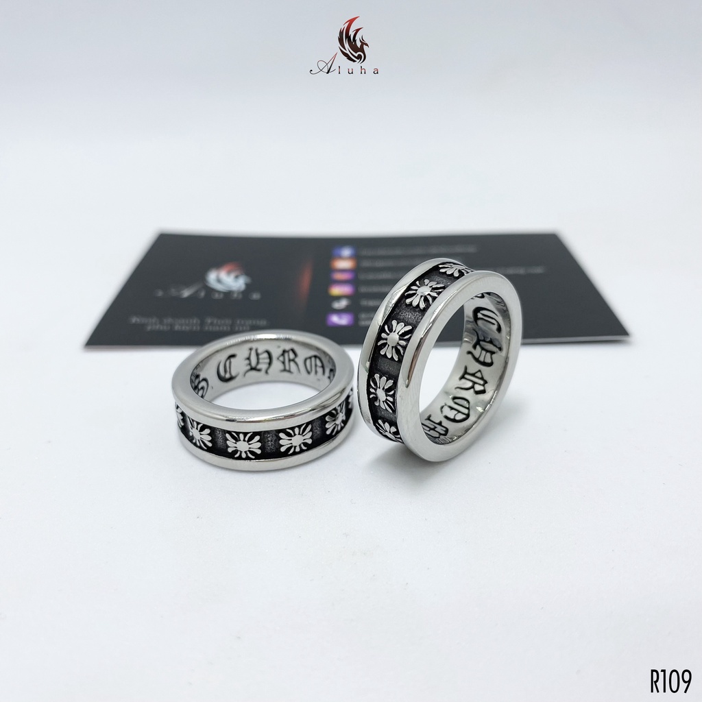 Nhẫn Titan bản 8mm, Chrome Heart tinh xảo họa tiết retro hoa Iris khắc chữ lớn bên trong - R109 - s6 - Aluha