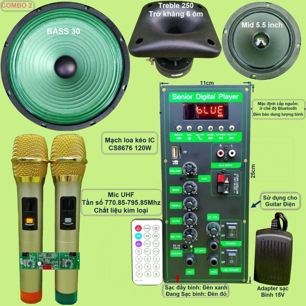 Mạch loa kéo 3 tấc đơn 3 đường tiếng CS8676 công suất 120W kèm Bass 3 tấc màng xanh