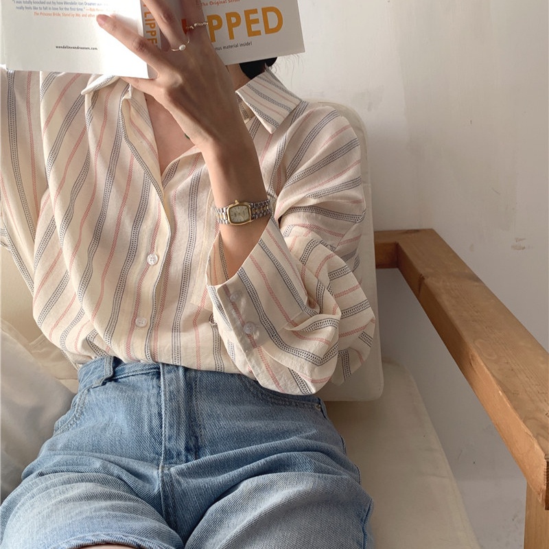 SUXI Sơ Mi Nữ Kẻ Sọc Dài Tay Thời Trang Hàn Quốc