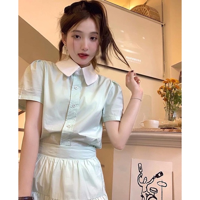 Set áo sơ mi + chân váy midi màu xanh mint