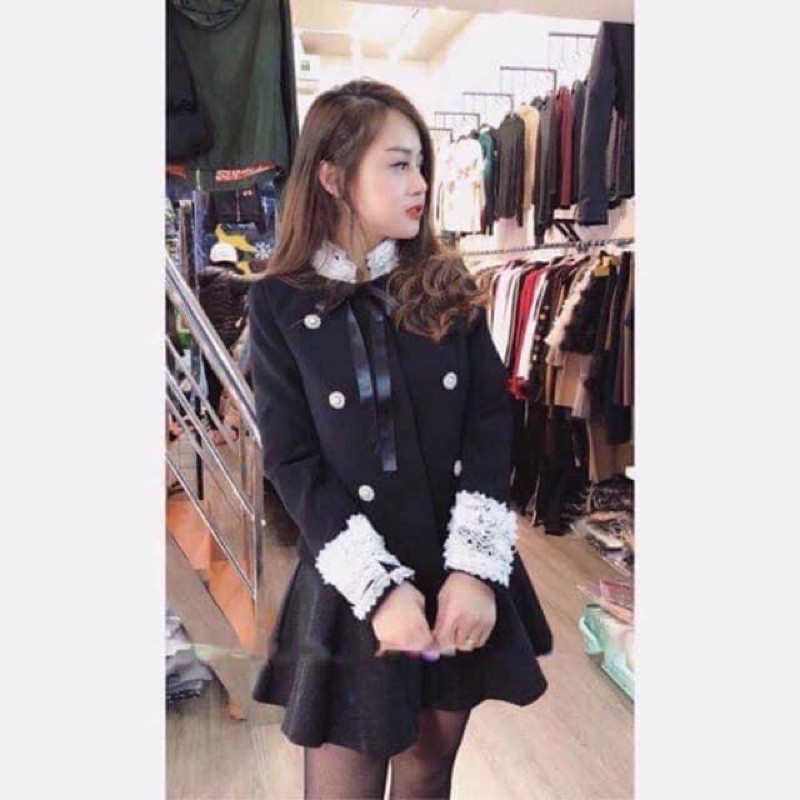 Áo dạ oha ren cổ nơ đính khuy | BigBuy360 - bigbuy360.vn