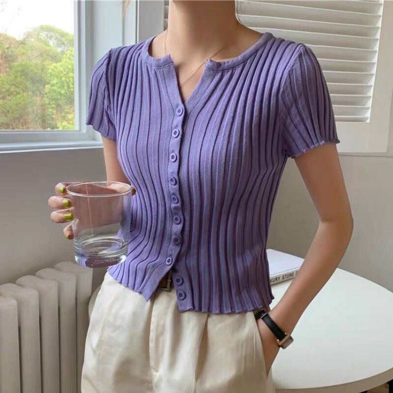 Áo Len tăm nữ cộc tay cài khuy cổ tròn trơn nhiều màu CROPTOP