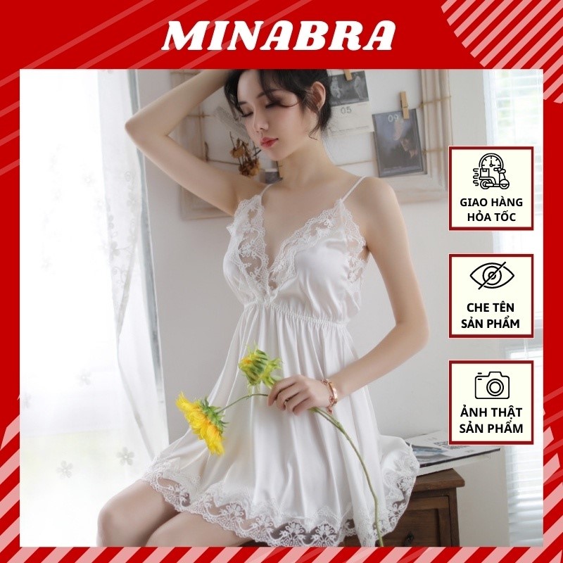 Váy ngủ sexy gợi cảm MINABRA Đồ ngủ 2 dây nữ chất lụa phối ren cao cấp dáng cổ chữ V gợi cảm phong cách Hàn Quốc VN02