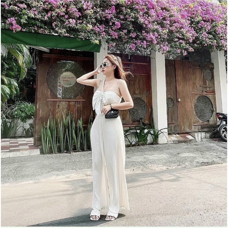 Set áo 2 dây nơ ngực + quần suông dập ly hàng cao cấp