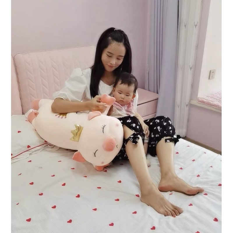 Gấu Bông Heo vương miện nằm, lợn bông nằm cute, gối ôm hình thú nhồi bông Dễ Thương Chất Nhung Mềm Mịn Cho Bé