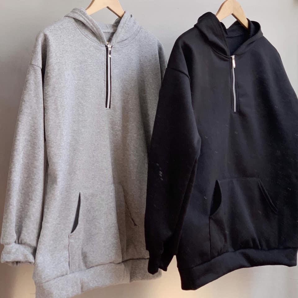 Áo Hoodie Nỉ Bông, Form Rộng Ulzzang Phối Khóa Kéo Cổ Độc Đáo NULY, HDKC