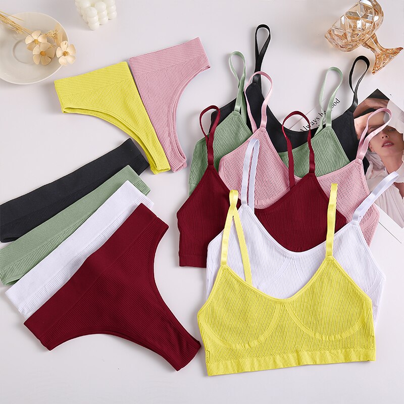 FINETOO Women Seamless Underwear Set Sexy Fitness Woman Top+ Thong Femme Sports Bra Bikini Lingerie Set Push Up Cropped Top Girl