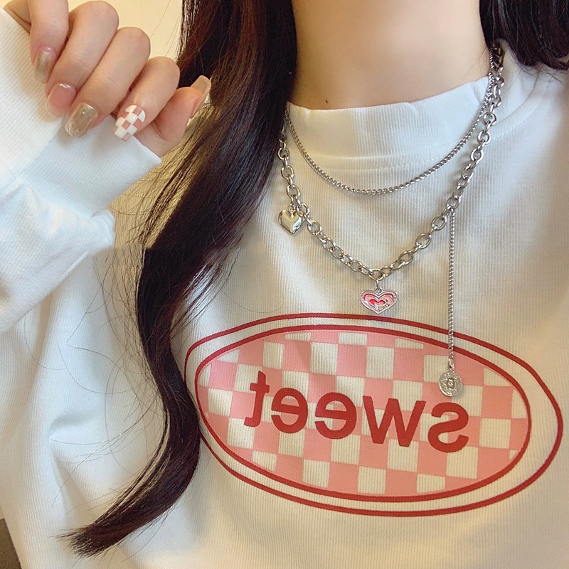 Vòng cổ Hai Lớp Họa Tiết Trái Tim Màu Hồng Phong Cách Hip hop Hàn Quốc