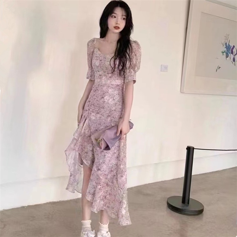 Đầm PERTY dáng dài tay ngắn phồng cổ vuông thiết kế xẻ tà họa tiết hoa thời trang mùa hè thanh lịch mới cho nữ
