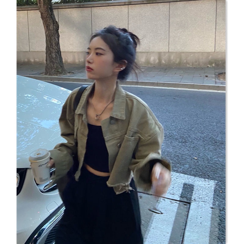 Áo khoác cardigan ngắn vải denim kiểu retro Hong Kong thời trang ngọt ngào cho nữ