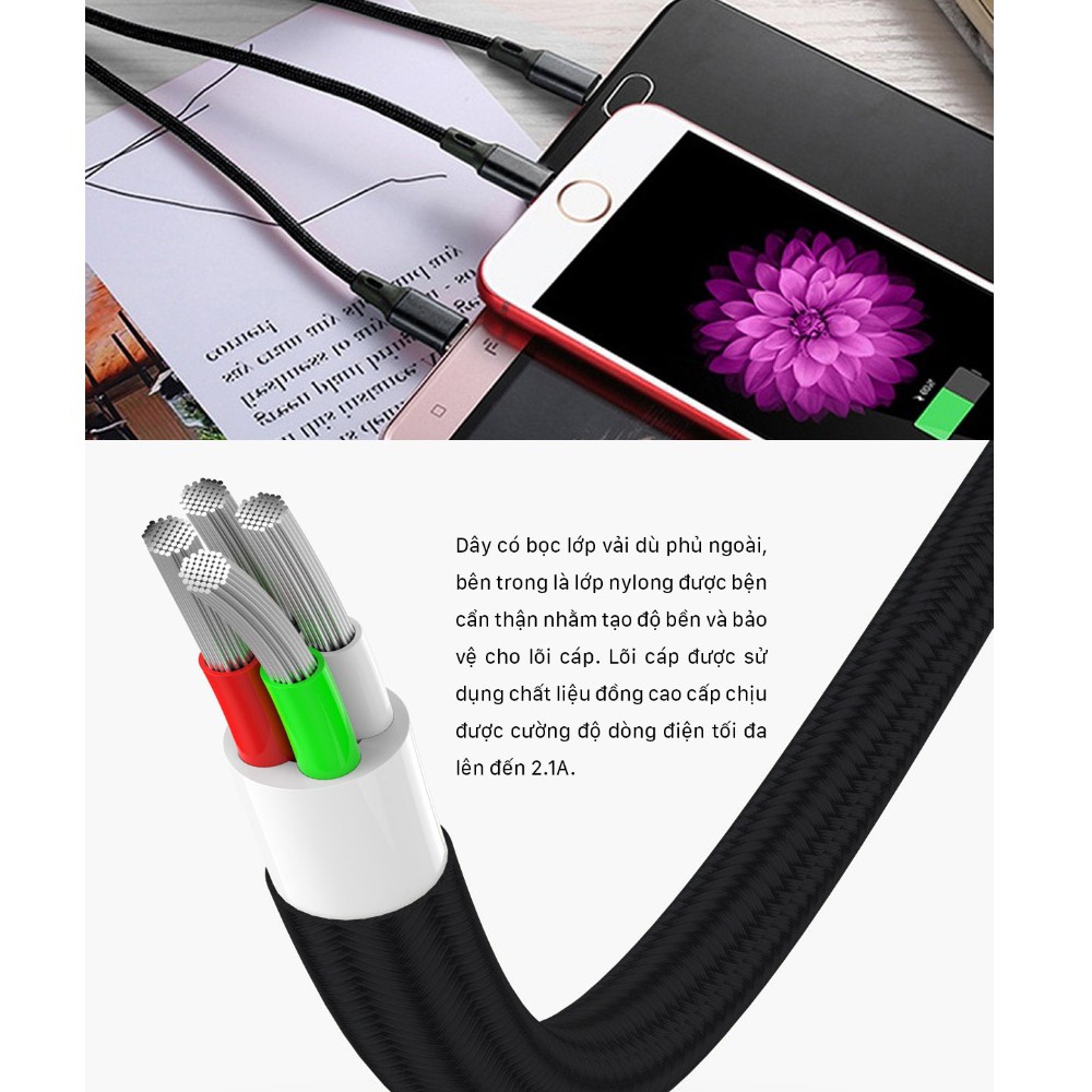 Dây cáp sạc nhanh 3 trong 1 Micro USB Type C cho Huawei Xiaomi iPhone.