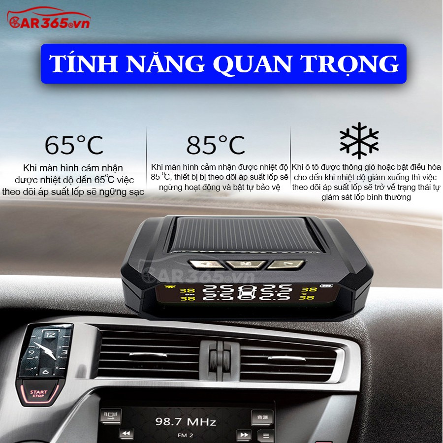 Cảm biến áp suất lốp van ngoài cao cấp thương hiệu CAR365 - Màn LCD hiển thị thông số - Pin năng lương mặt trời - CAR37