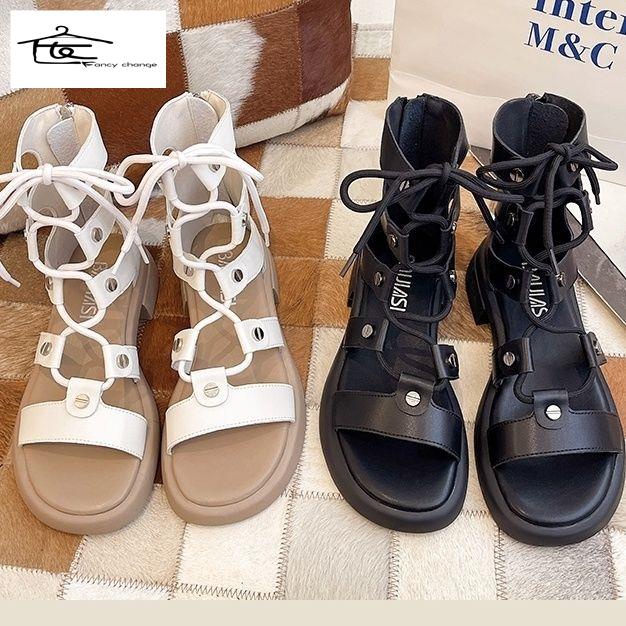 Giày Sandal Đế Bằng Dày Dặn Buộc Dây Phong Cách La Mã Hàng Mới Dành Cho Bạn Nữ 2022
