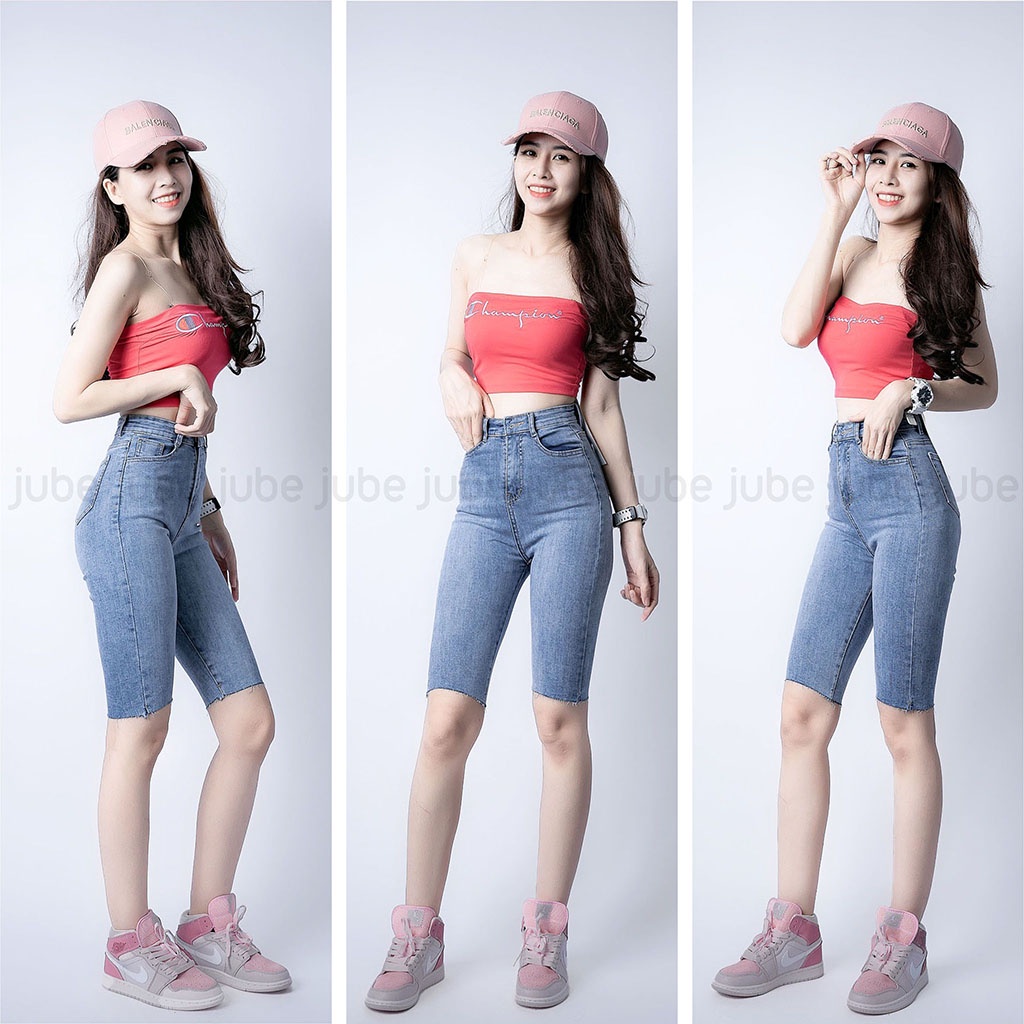 Quần Jean Ngố Nữ Lưng Cao JUBE Vol.70, Quần Lửng Nữ Skinny Trơn Cắt Gấu Vải Jean Co Giãn Hack Dáng, BST Signature Jeans