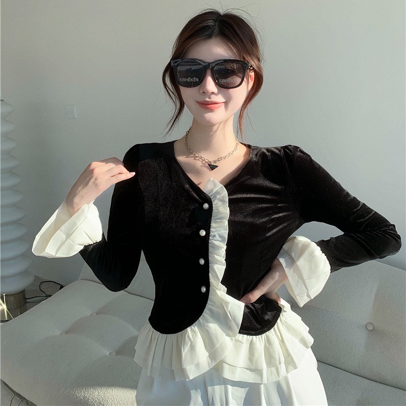 Áo nhung tay dài phối bèo thời trang mùa đông dễ phối đồ