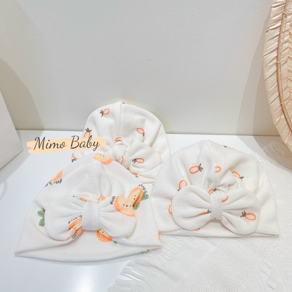 Mũ turban màu trắng kem họa tiết hình gấu cam cho bé MTB145 Mimo Baby
