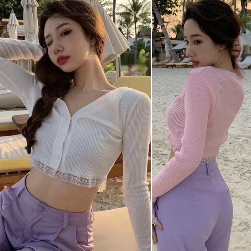 Áo Len Dệt Kim Tay Dài Phối Ren Kiểu Dáng Quyến Rũ Cho Nữ | BigBuy360 - bigbuy360.vn