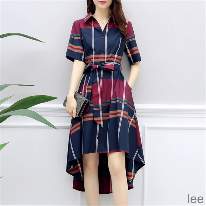 Đầm sơ mi tay ngắn dáng ôm họa tiết sọc caro thời trang xuân hè cho nữ