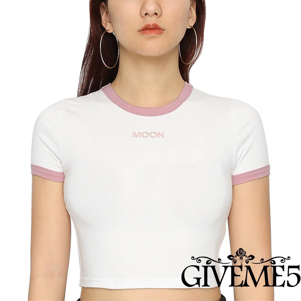 Áo Thun Croptop Cổ Tròn Thêu Chữ Cho Nữ
