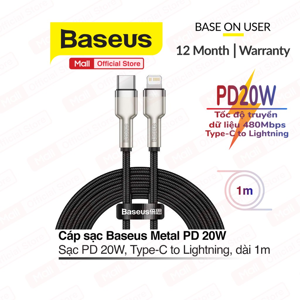 Cáp sạc Baseus Metal Data Cable Type-C to Lightning, sạc nhanh PD 20W, truyền dữ liệu tốc độ cao 480Mbps, dài 25cm/100cm