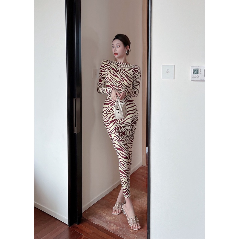 Đầm Tay Dài Dáng Ôm In Họa Tiết Khoét Ngực Thời Trang Mùa Thu 2022