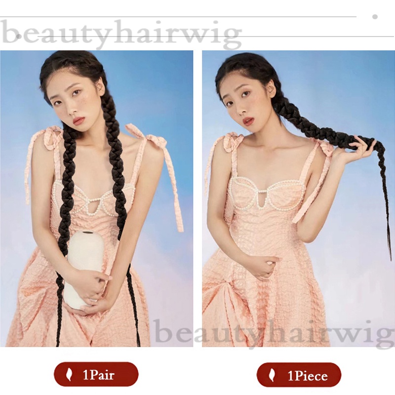 Bộ 2 Tóc Giả Thắt Bím Đuôi Ngựa Dài 70CM Màu Đen Tự Nhiên