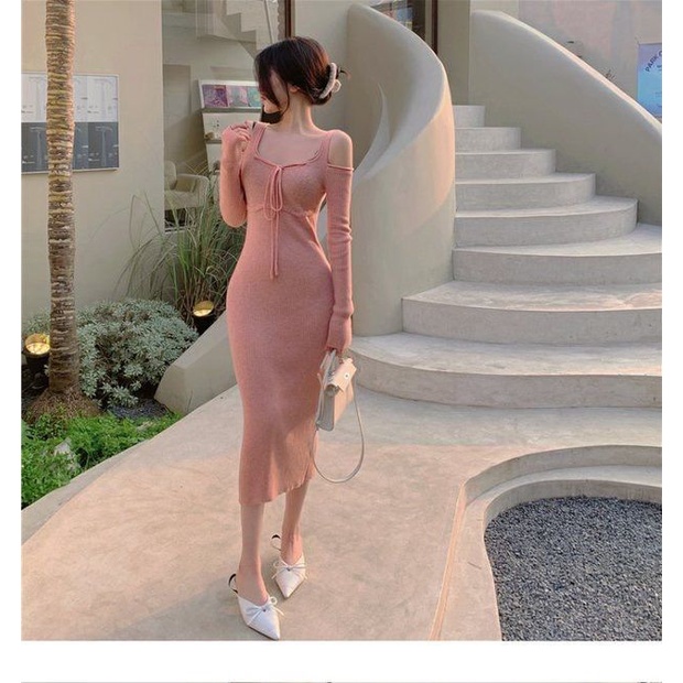Sexy open shoulder Pink Knit bottomed dress 2022 autumn women's French Vintage Hepburn dress