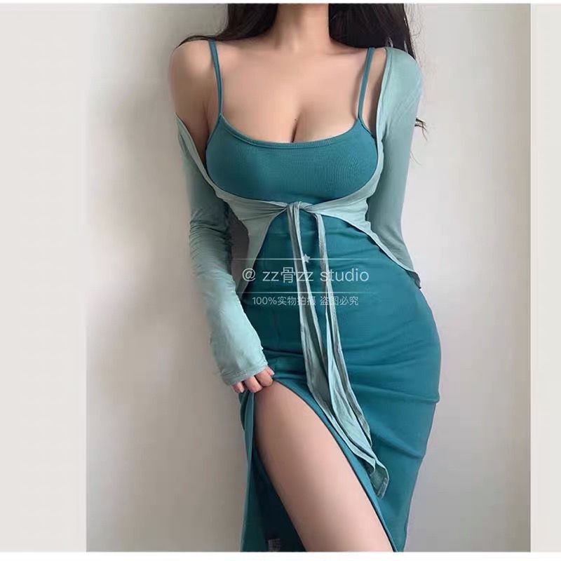 Spot New Arrivals European and American Sexy Femininity Showing Breasts and Showing Body Dress Suit Long Sleeve Waist Shawl Bag Hip Sling Long Skirt Single Piece/Set Z4