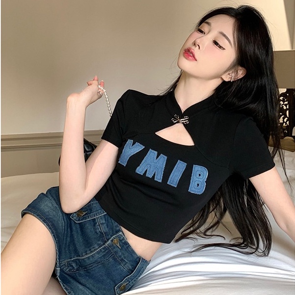 WANG JIAO ZHAN Áo Thun Cotton Mỏng Tay Ngắn Dáng Ôm Thiết Kế Khoét Lỗ Màu Đen Thời Trang Cho Nữ