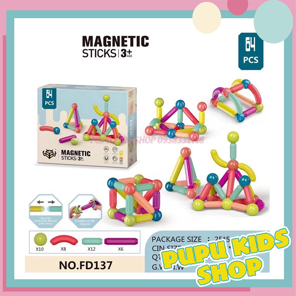 Bộ Xếp hình nam châm từ tính,đồ chơi xếp hình lego đồ chơi xếp hình dạng que tròn Magnetic Sticks