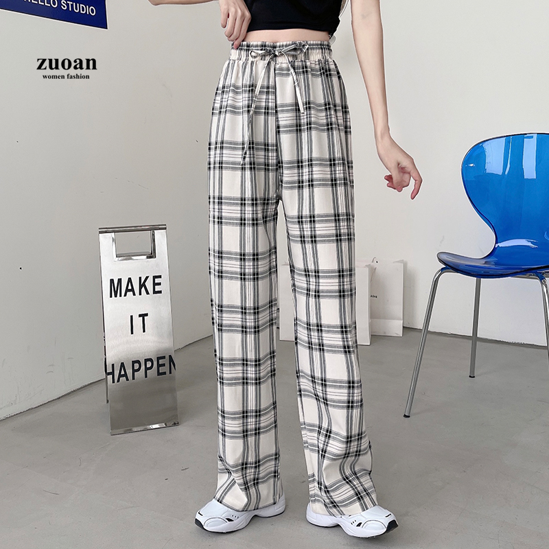 Quần ống rộng SUXI họa tiết ca rô trẻ trung thời trang cho nữ