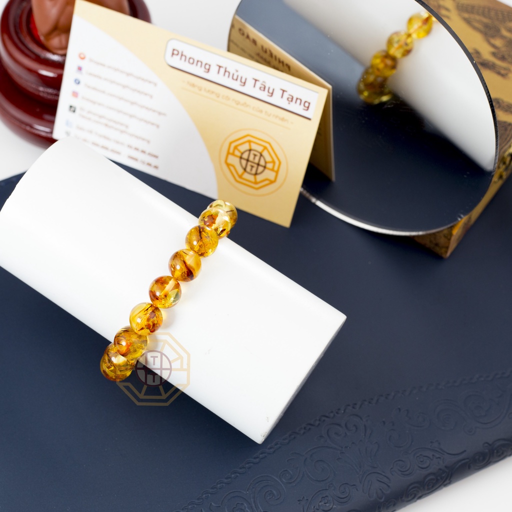 Vòng Tay Phong Thủy Hổ Phách Amberr Tự Nhiên [TẶNG HỘP GỖ] nam nữ mệnh Thổ Kim - Phong Thủy Tây Tạng