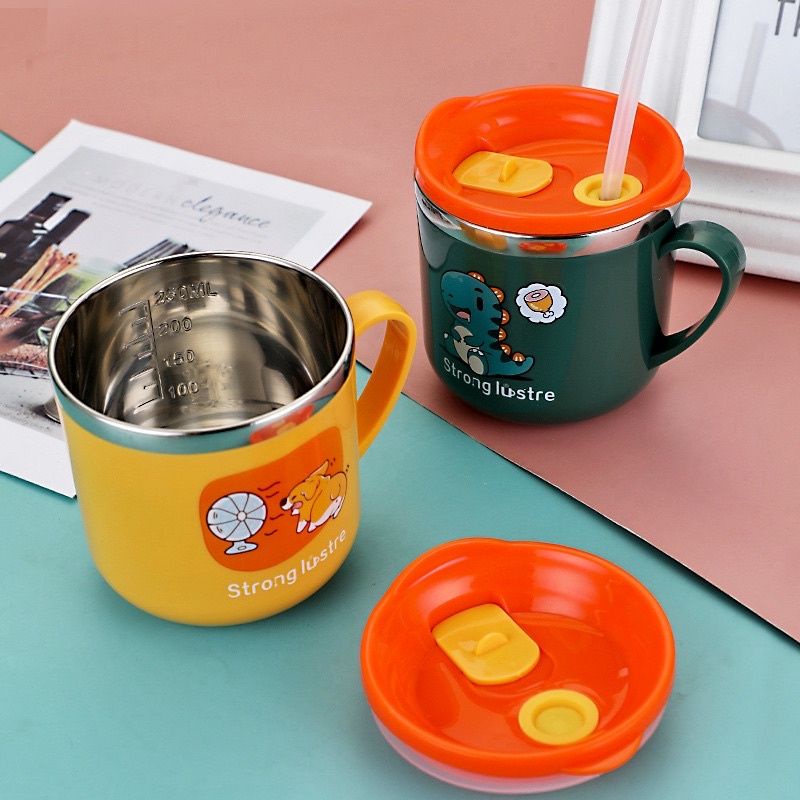 Ly cốc inox giữ nhiệt kèm nắp và ống hút cho bé