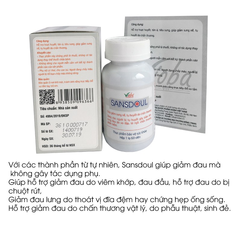 Viên giảm đau đông y Sansdoul Vioba hỗ trợ giảm đau, sưng nề, tụ huyết do chấn thương phần mềm hộp 60 viên