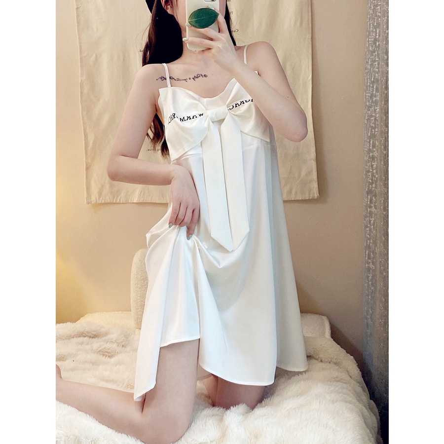 Đầm Ngủ Hai Dây Đính Nơ Cao Cấp Phong Cách Quyến Rũ Dành Cho Nữ