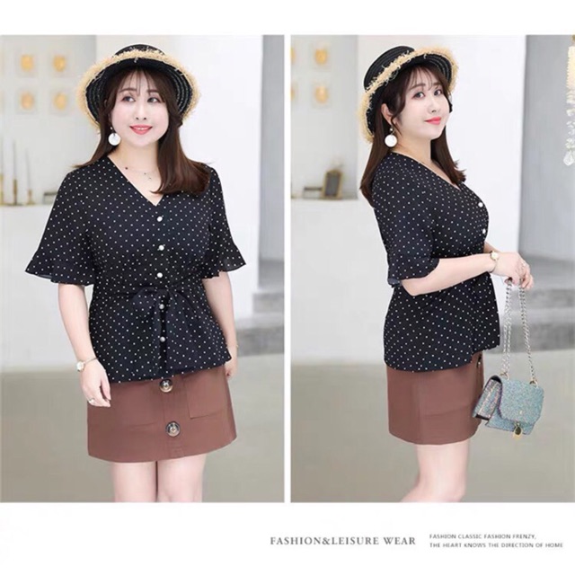 Áo peplum màu đen big size bi trắng cổ tim eo thắt nơ size 60-70kg