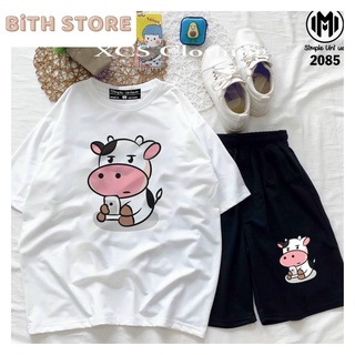 Set đồ bộ nữ mặc nhà thun cotton thoáng mát bò sữa cực cute, chất vải mềm co dãn