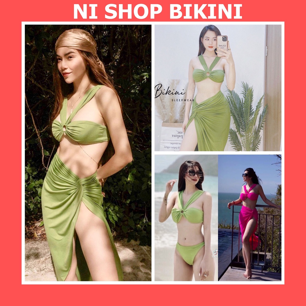 Set 3 bikini Hồ Ngọc Hà xanh cốm hottrend kèm áo váy choàng khoác ngoài SET08