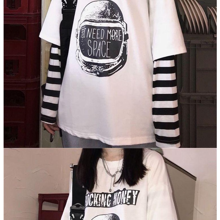 Áo Thun Giả Hai Lớp Tay Dài Dáng Rộng Họa Tiết Kẻ Sọc Thời Trang Xuân Thu Có Size Lớn 150Kg Cho Nữ 240 Phút