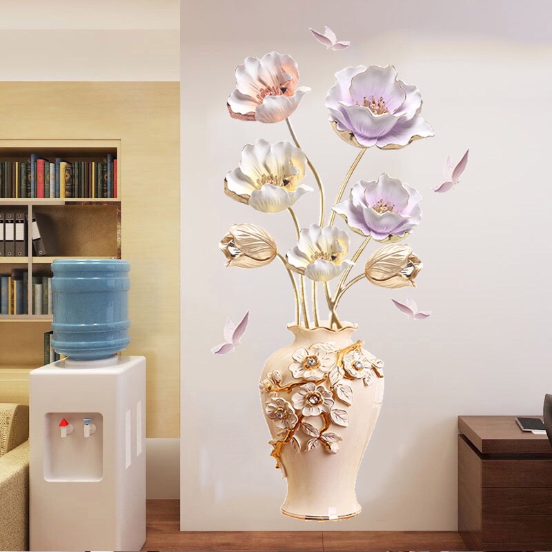 Tranh dán tường, Decal dán tường bình hoa 3D trang trí phòng khách.