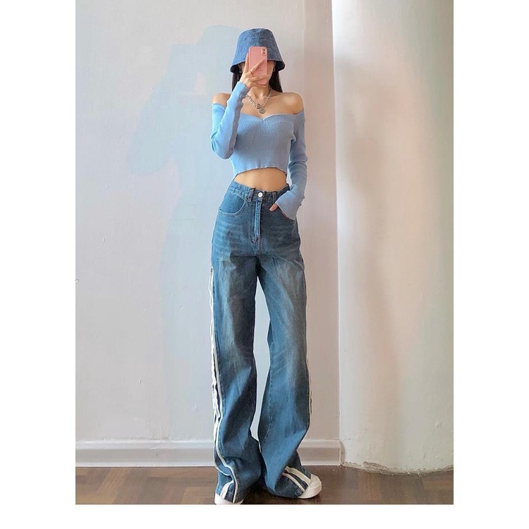 Quần jean ống rộng hai lớp khóa kéo bên hông phong cách đường phố thời trang cho nữ