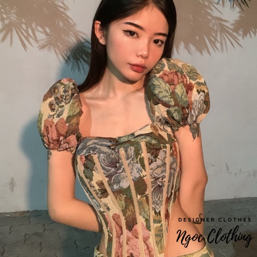 Áo kiểu corset hoa tay phồng NGOCCLOTHING nữ [FREESHIP] Croptop tay phồng khoét eo trẻ trung, hiện đại HOT