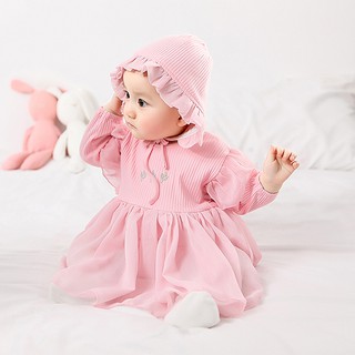 Set váy body cánh tiên tiểu thư dài tay kèm mũ hồng trắng cho bé gái