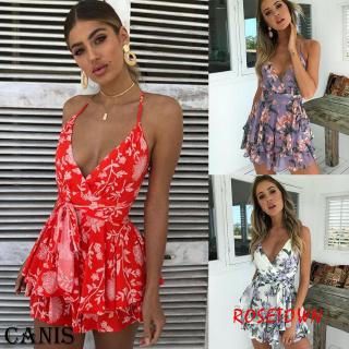 Đầm hai dây thắt nơ eo in hoa rực rỡ cho nữ