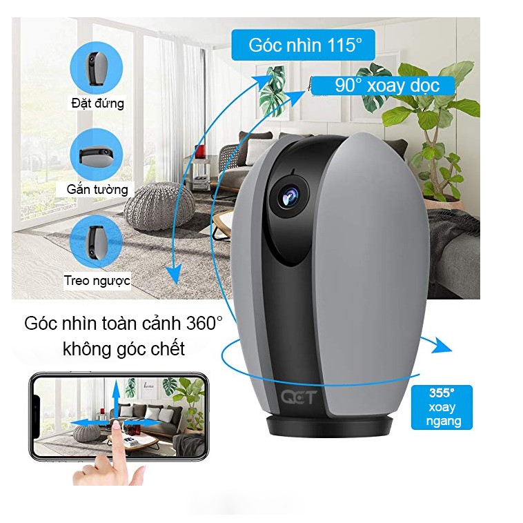 Camera IP xoay 360 ĐỘ QCT 1080P GEN2 Quốc Tế Camera ip QCT xoay 2K 1296p