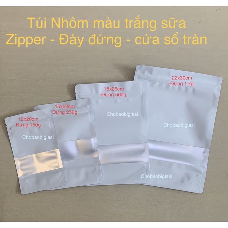 {1kg/size} Túi zipper Nhôm màu trắng sữa, cửa sổ tràn sang trọng (SP y hình)
