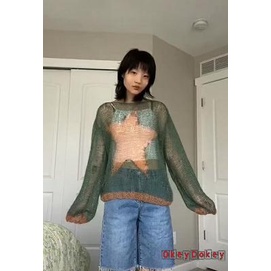 Odokey-y2k Aesthetics Áo Sweater Dệt Kim Họa Tiết Ngôi Sao Năm Cánh Vintage Harajuku Grunge Goth