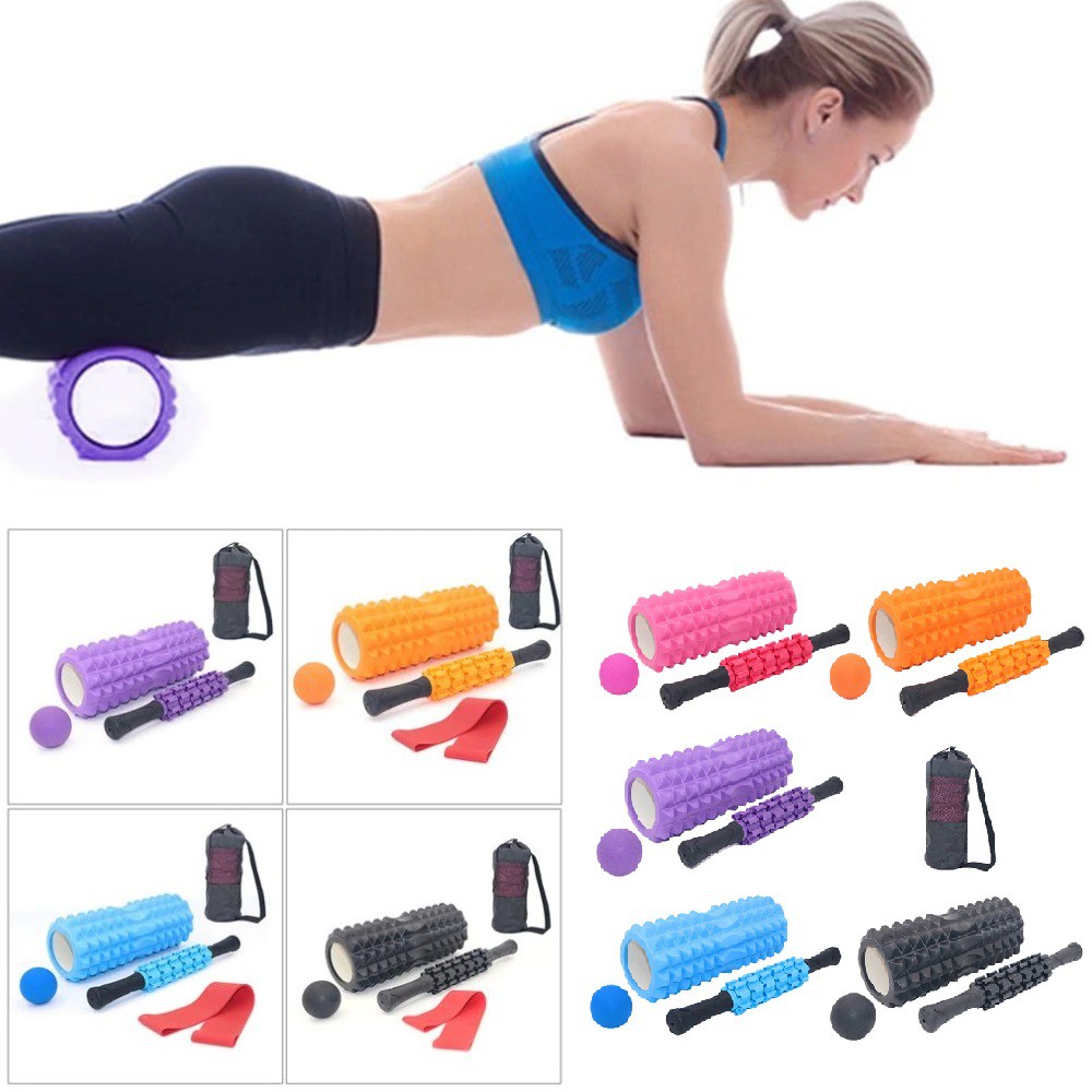 Bộ món YOGA SPORTY Dụng Cụ Tập Yoga Cao Cấp Gồm Con Lăn, Bóng Fascia Đơn, Gậy 6 Bánh Massage, Dây tập kháng lực